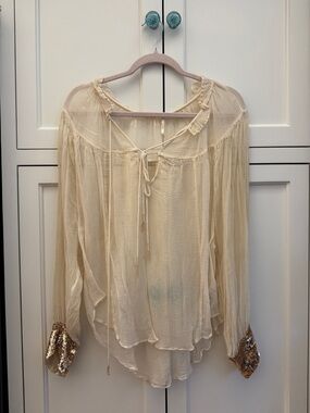 Free People Cream Peasant Blouse with Sequin Cuffs